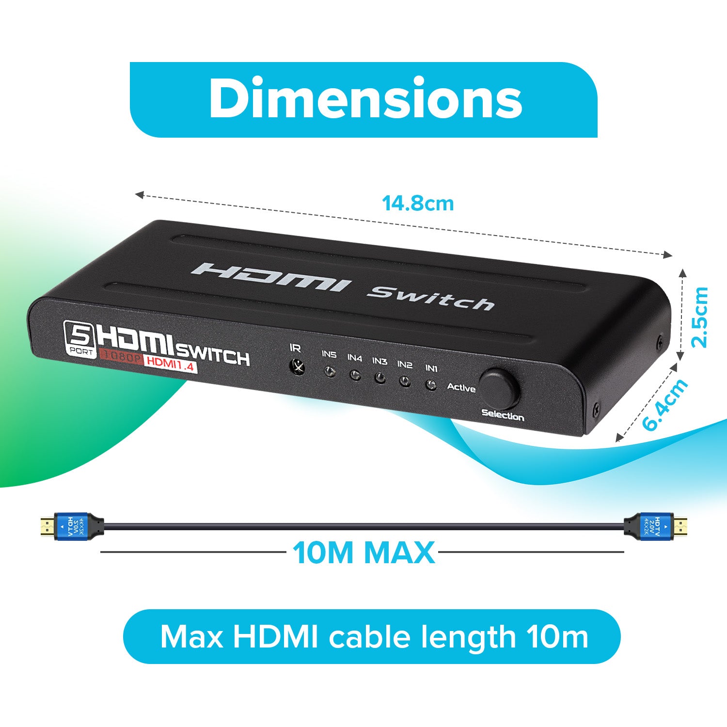 Maplin HDMI Switch 5 Ports In 1 Port Out 4K Ultra HD @30Hz with Remote Control