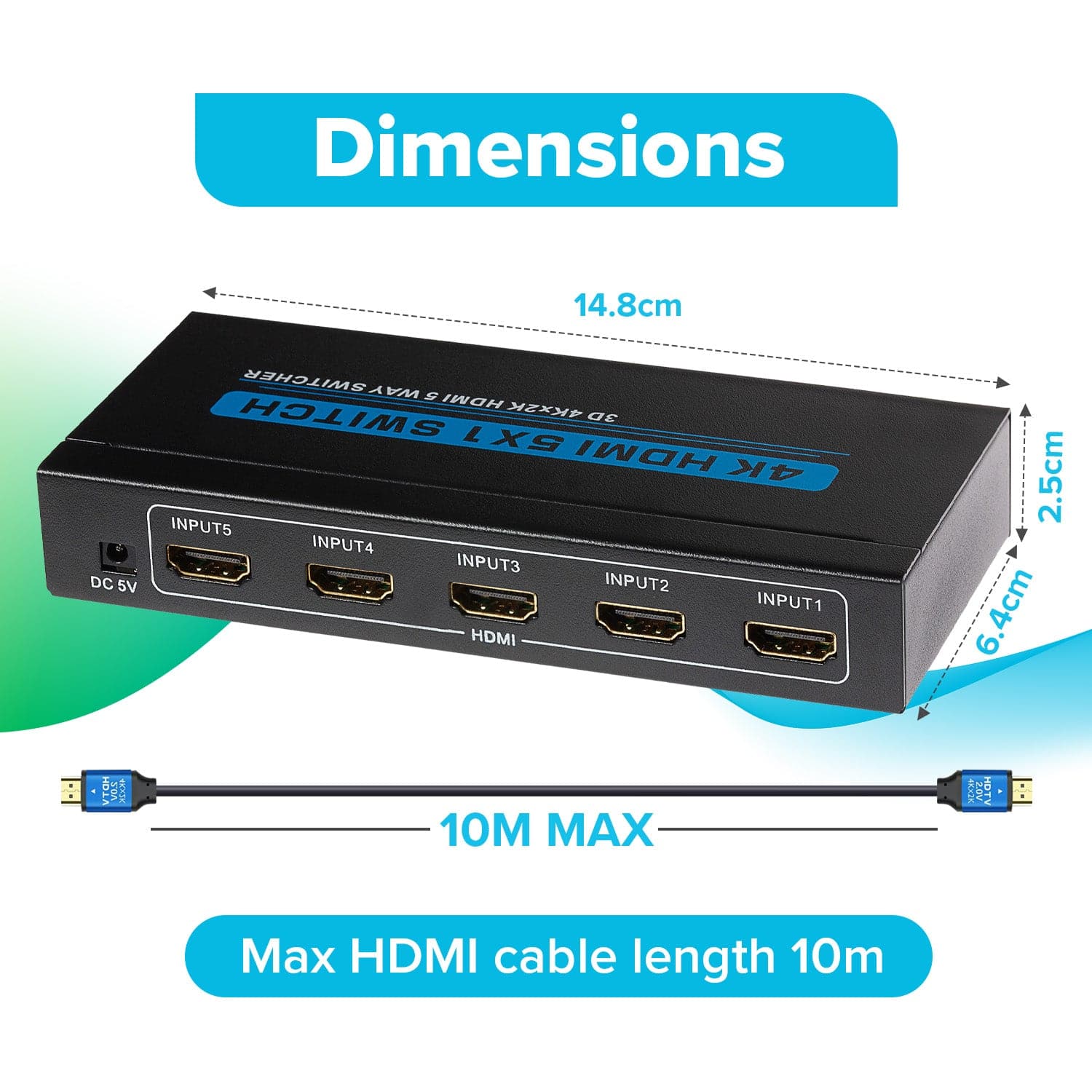 Maplin HDMI Switch 5 Ports In 1 Port Out 4K Ultra HD @30Hz with Remote Control