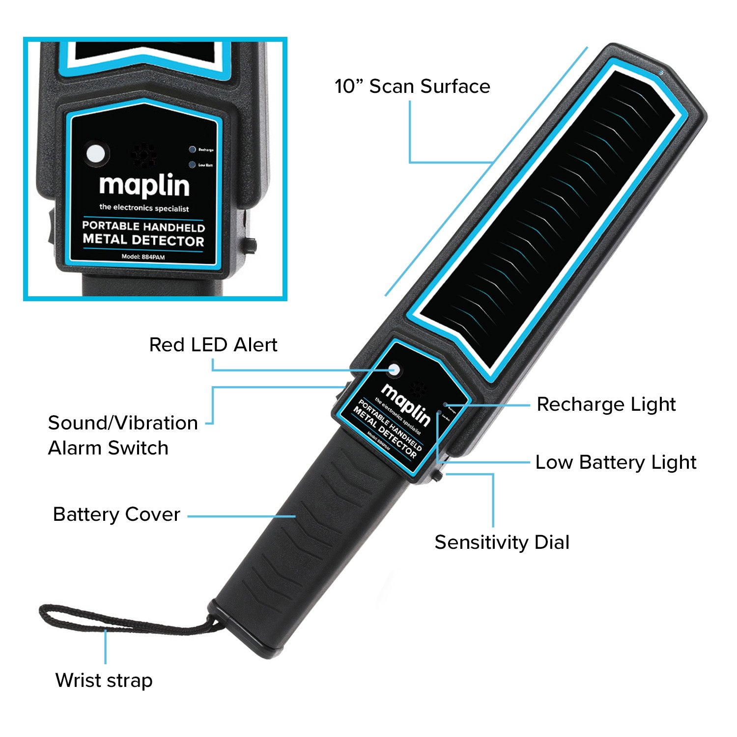 Maplin Handheld 10" Metal Detector Body Scanner with Beep/Vibration Alerts & LED Light - maplin.co.uk