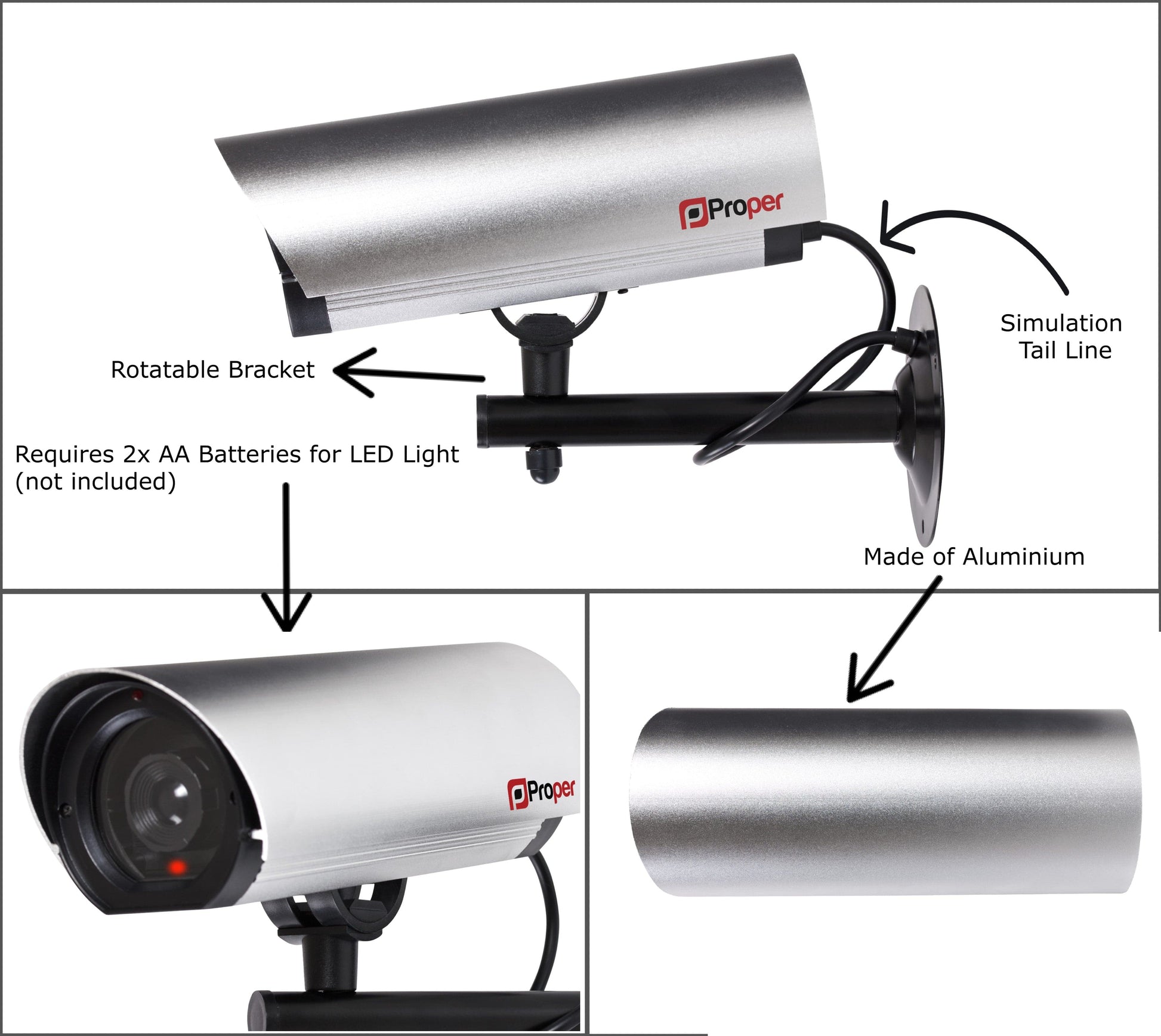 ProperAV Replica Commercial Security Camera with Aluminium 23cm Body & LED Light - Silver