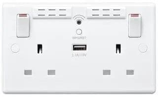 British General Square Edge 13A 2 Gang Switched Socket with Wi-Fi Extender + 1x USB-A 2.1A - White