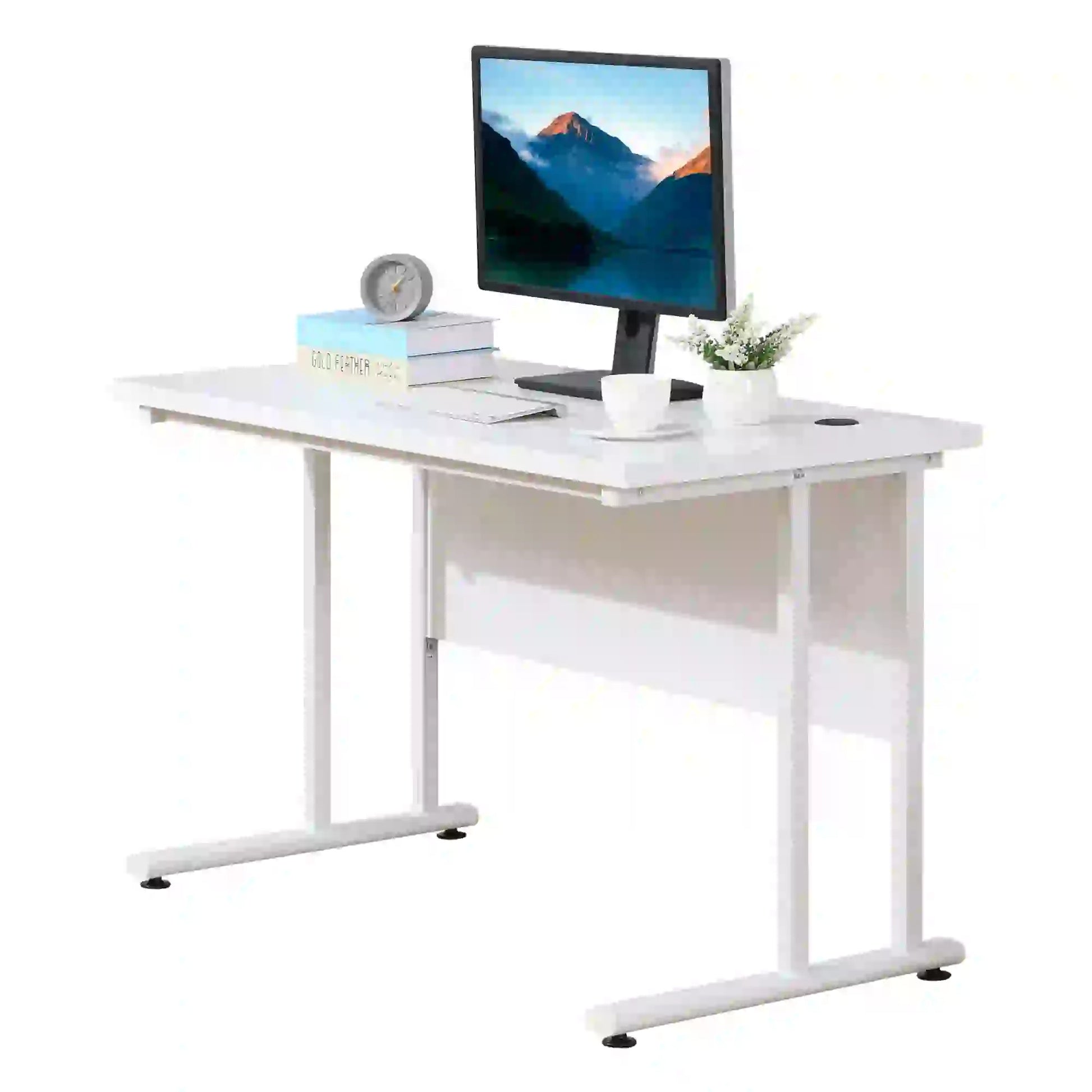 ProperAV Extra Computer Desk with 2 Cable Management Holes - White