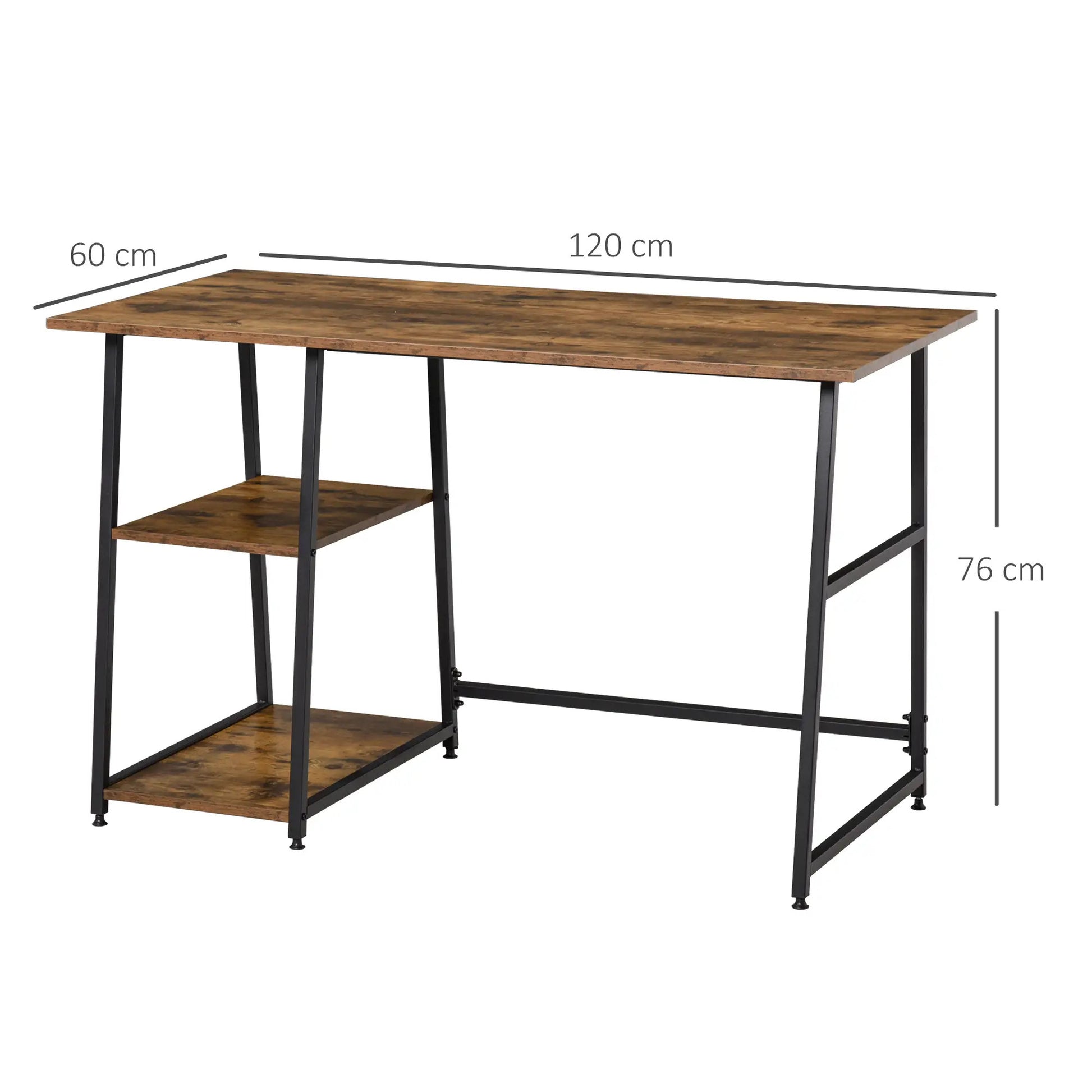 ProperAV Extra Computer Desk with 2 Shelves & Steel Frame - Black & Brown