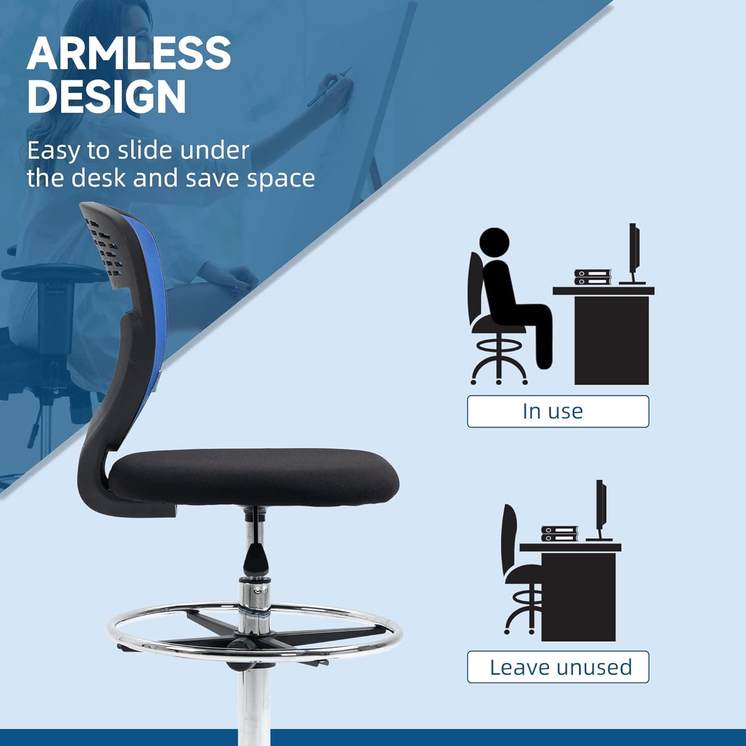 ProperAV Extra Armless Mesh Office Draughtsman Chair with Lumbar Support & Adjustable Foot Ring