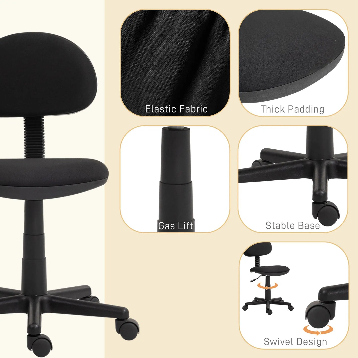 ProperAV Extra Armless Adjustable Draughtsman Office Chair - Black