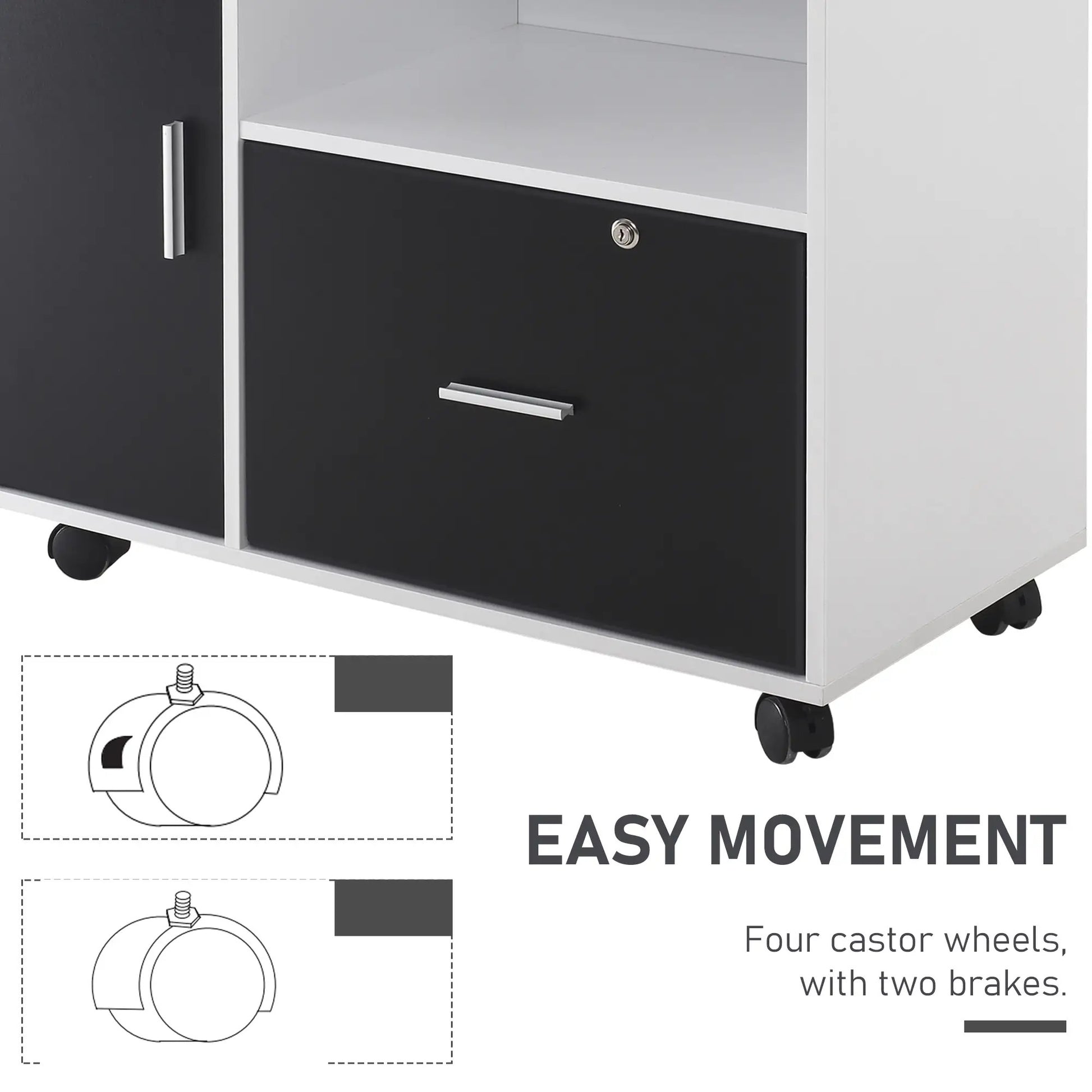 ProperAV Extra Mobile Office File Cabinet with Lockable Drawer & Shelf - Black & White