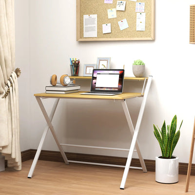 ProperAV Extra Maple Wood-Effect Folding Desk with 2-Tier Shelf - White & Brown