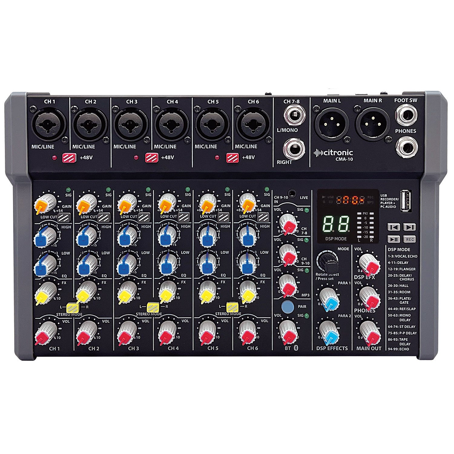 Citronic CMA-series Compact Mixer with DSP, USB Play/Record/PC and Bluetooth 6 Mono + 2 Stereo