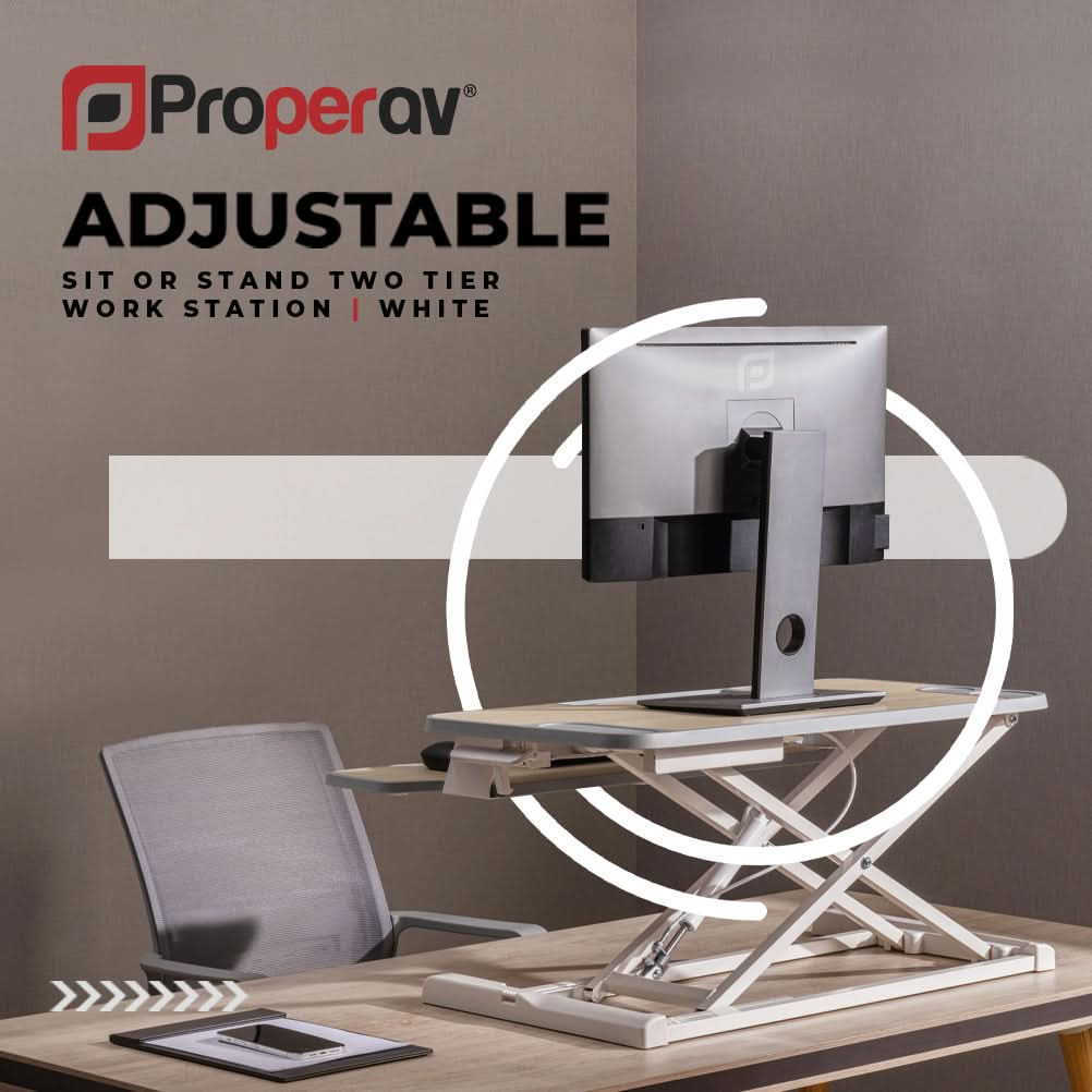 ProperAV Two Tier Stand Up Desk Converter Worktop with Gas Spring Lift & Variable Height Settings - White