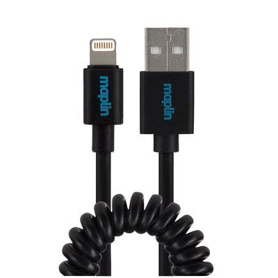 Maplin Lightning Connector to USB-A Coiled Curly Cable - Black