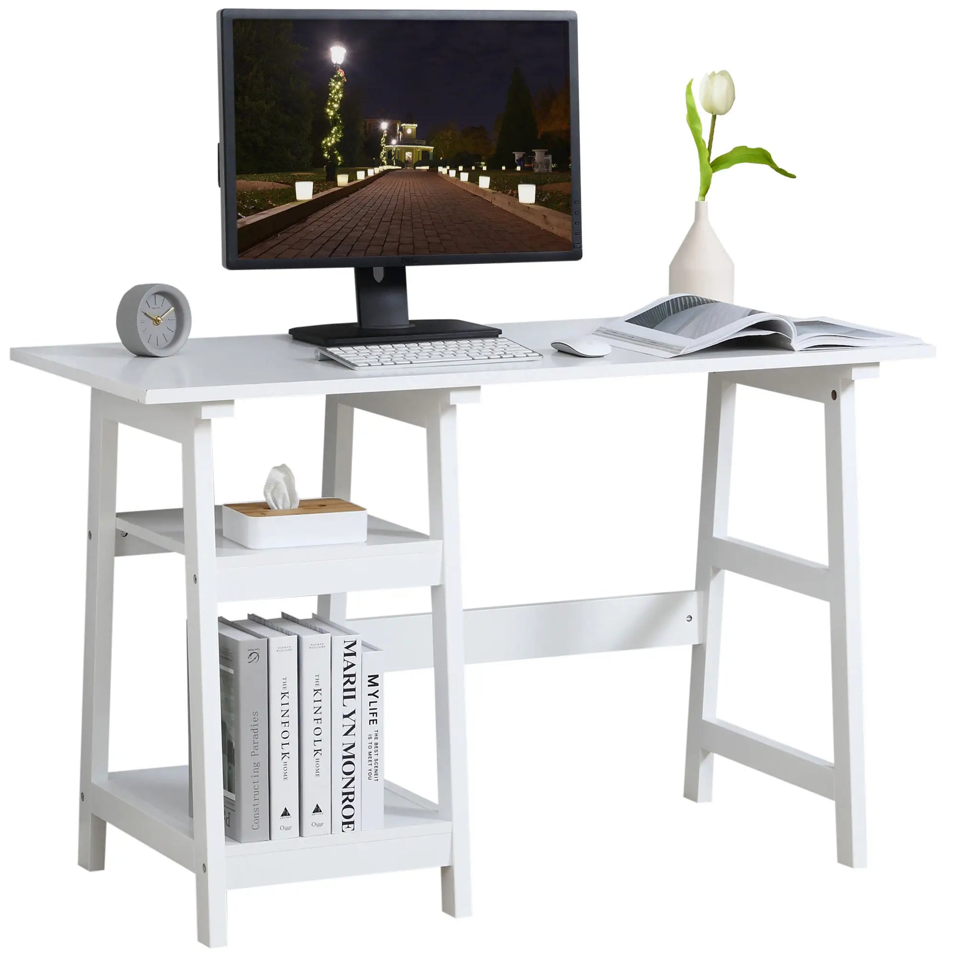 ProperAV Extra Computer Desk with Shelves - White