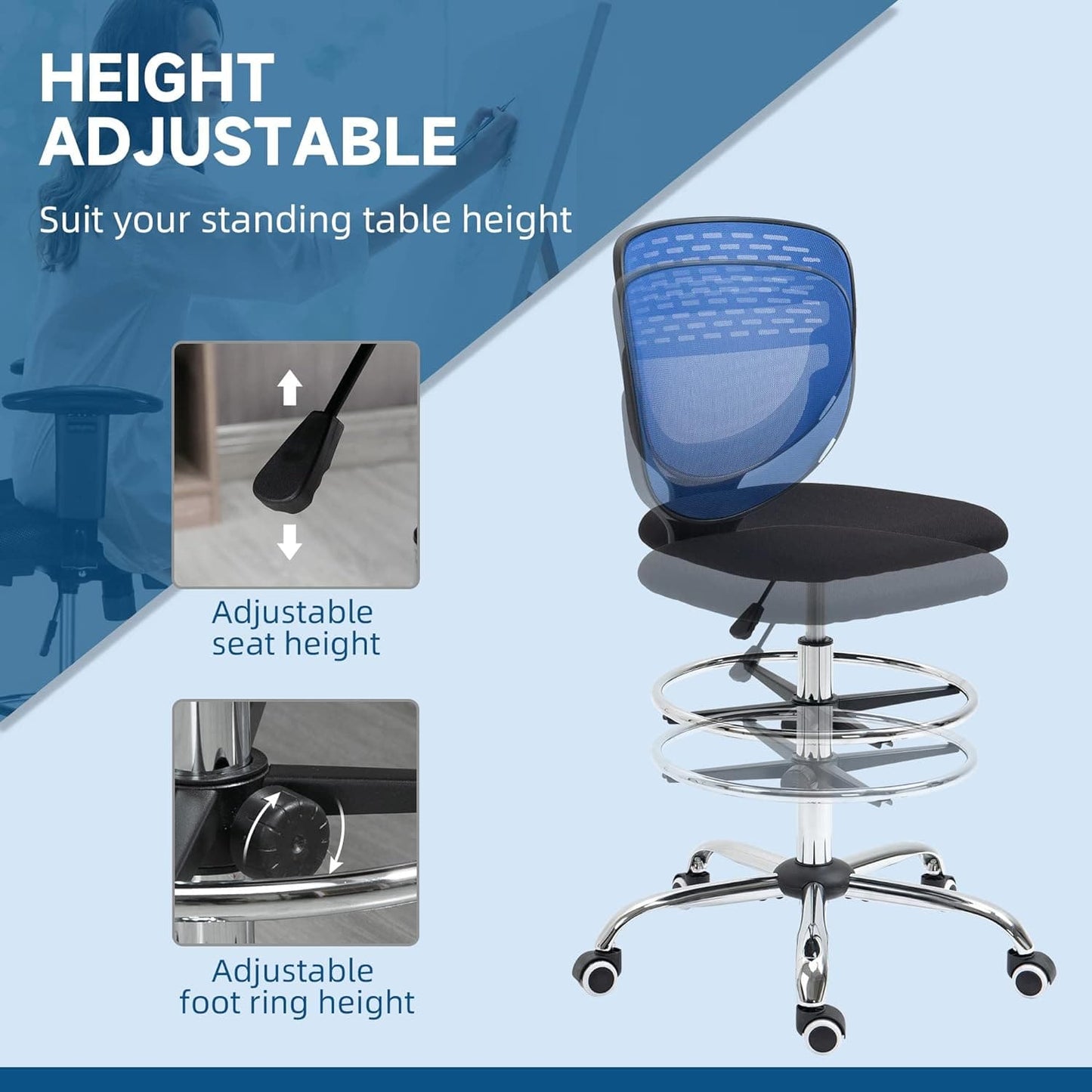 ProperAV Extra Armless Mesh Office Draughtsman Chair with Lumbar Support & Adjustable Foot Ring