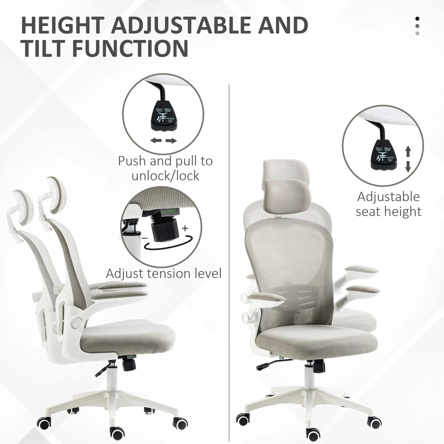 ProperAV Extra Mesh Ergonomic Office Chair with Headrest, 4D Lumbar Support & Flip-Up Arms - Grey