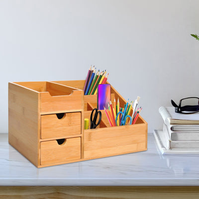 ProperAV Extra Multi-Function Storage Organiser with 7 Storage Compartments & 2 Drawers - Bamboo