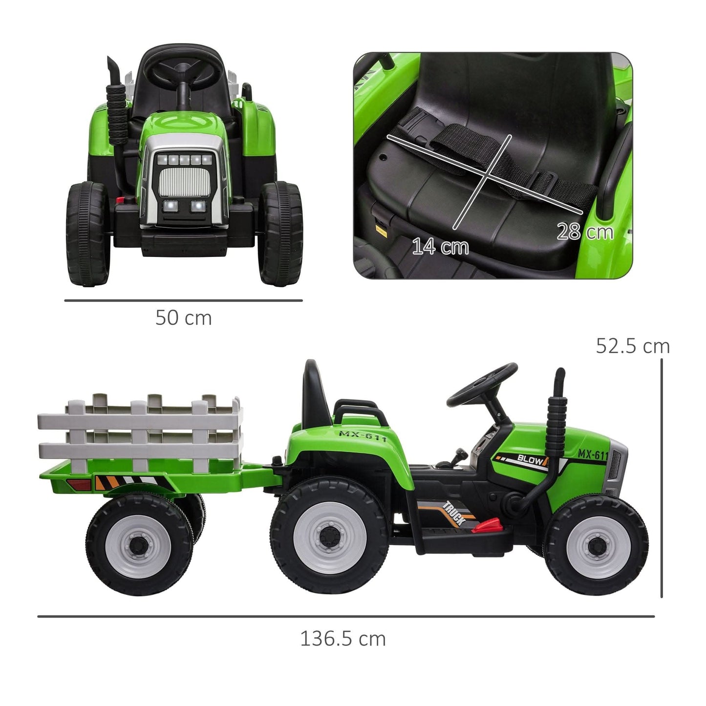 Maplin Plus Kids Electric 12V Ride On Tractor with Detachable Trailer, Remote Control, Music Start Up Sound, Horn & Lights for Ages 3-6 Years