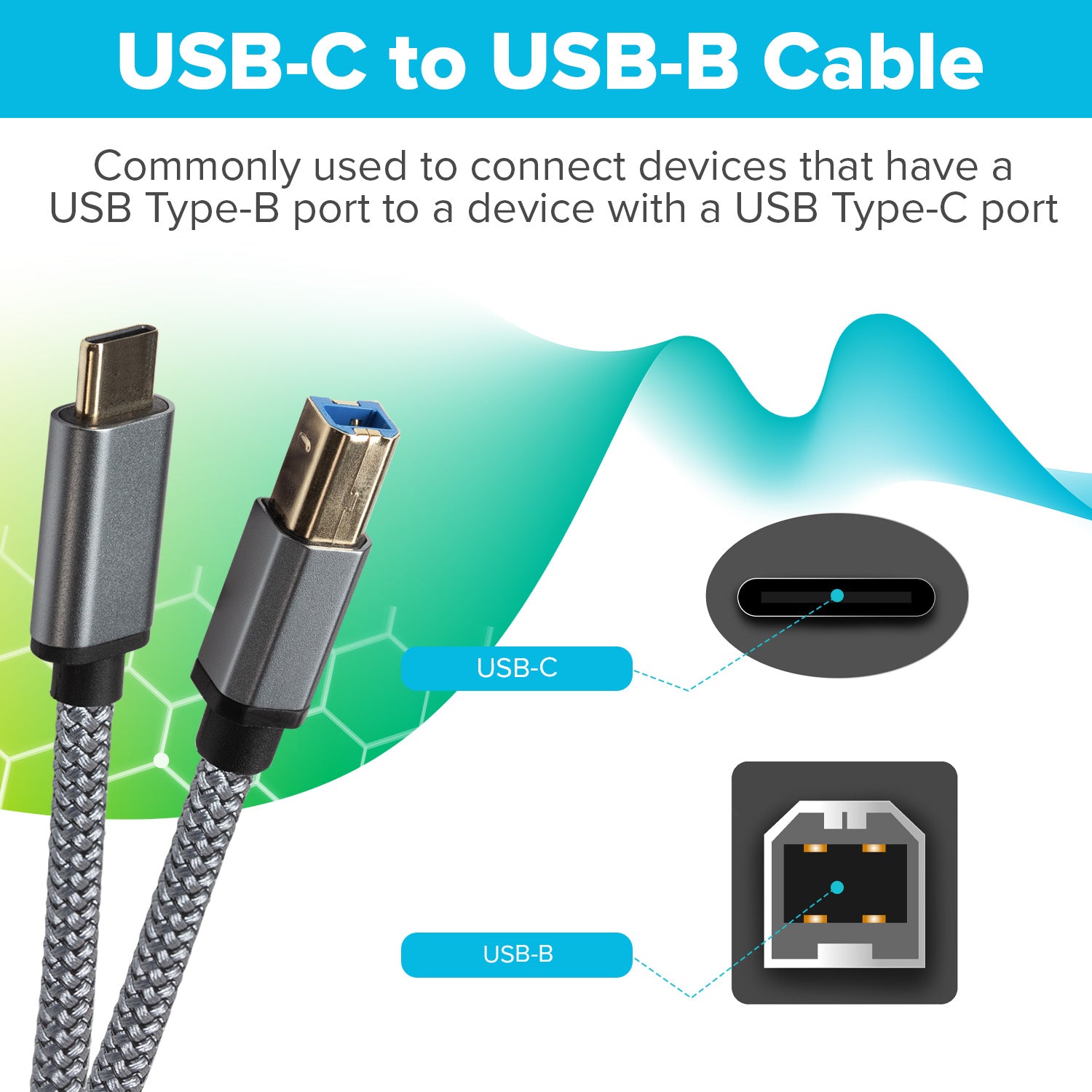 Maplin USB-C to USB-B Braided Cable - Grey, 5m