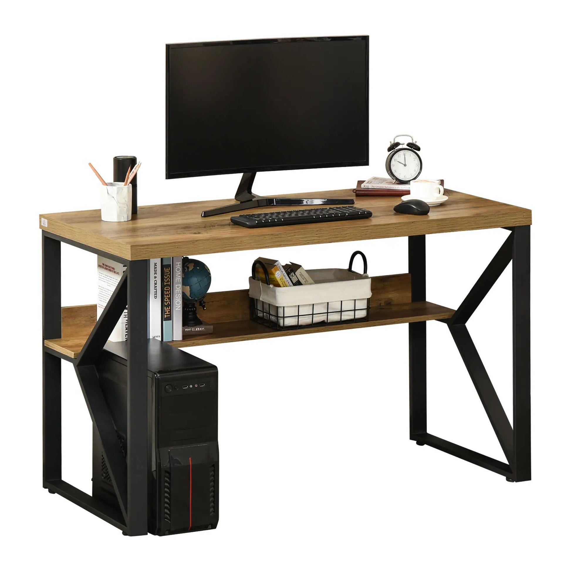 ProperAV K-Shaped Steel Legs Computer Desk with Storage Shelf - Black & Brown