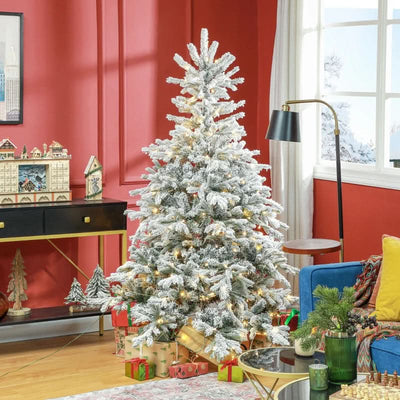 HOMCOM 6ft Bushy Snow-Flocked Artificial Christmas Tree with LED Lights