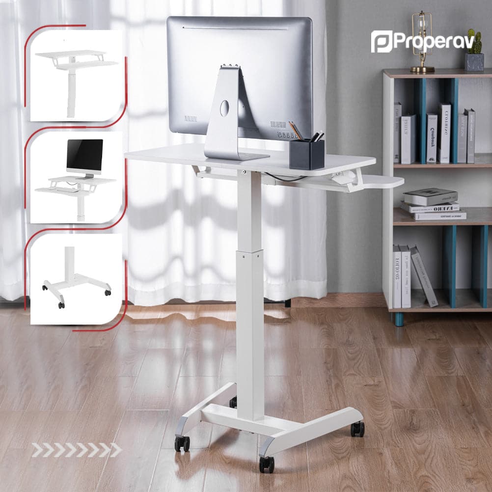 ProperAV Two Tier Mobile Desk Trolley Workstation with Gas Spring Height Adjustment - White