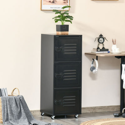 ProperAV Extra Mobile 3-Tier Storage Filing Cabinet with Wheels & Metal Doors - Black