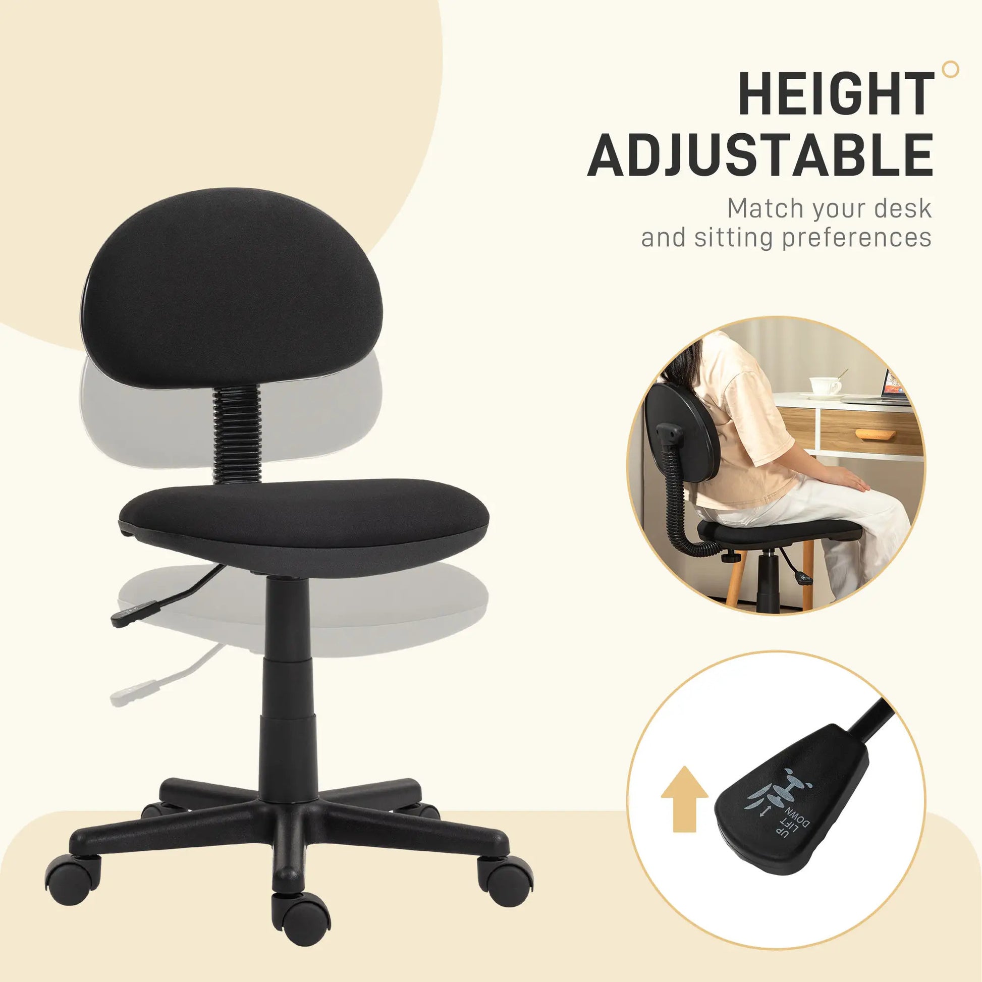 ProperAV Extra Armless Adjustable Draughtsman Office Chair - Black