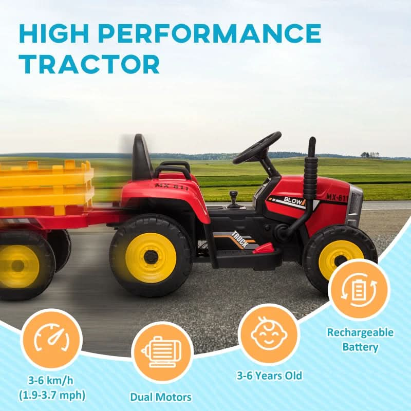 Maplin Plus Kids Electric 12V Ride On Tractor with Detachable Trailer, Remote Control, Music Start Up Sound, Horn & Lights for Ages 3-6 Years