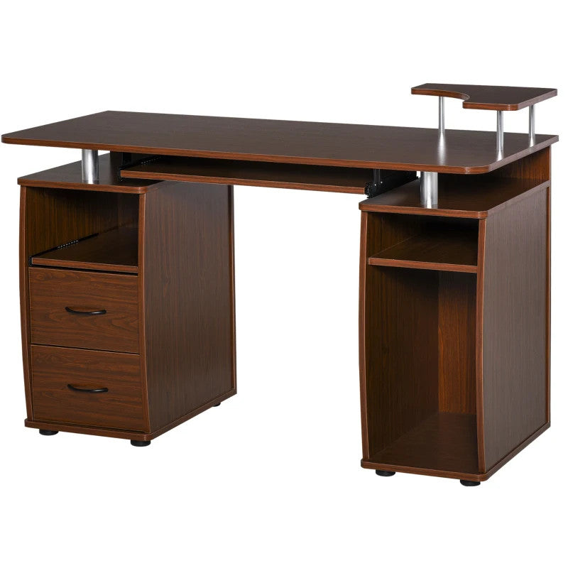 ProperAV Extra Office Desk with Keyboard Tray, Shelves & Drawers - Brown - maplin.co.uk