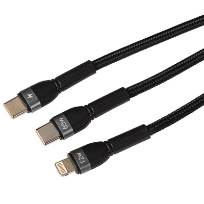 Maplin USB-C to 2-in-1 Multi-Charging USB-C 65W & Lightning Braided Cable - Black, 1.2m