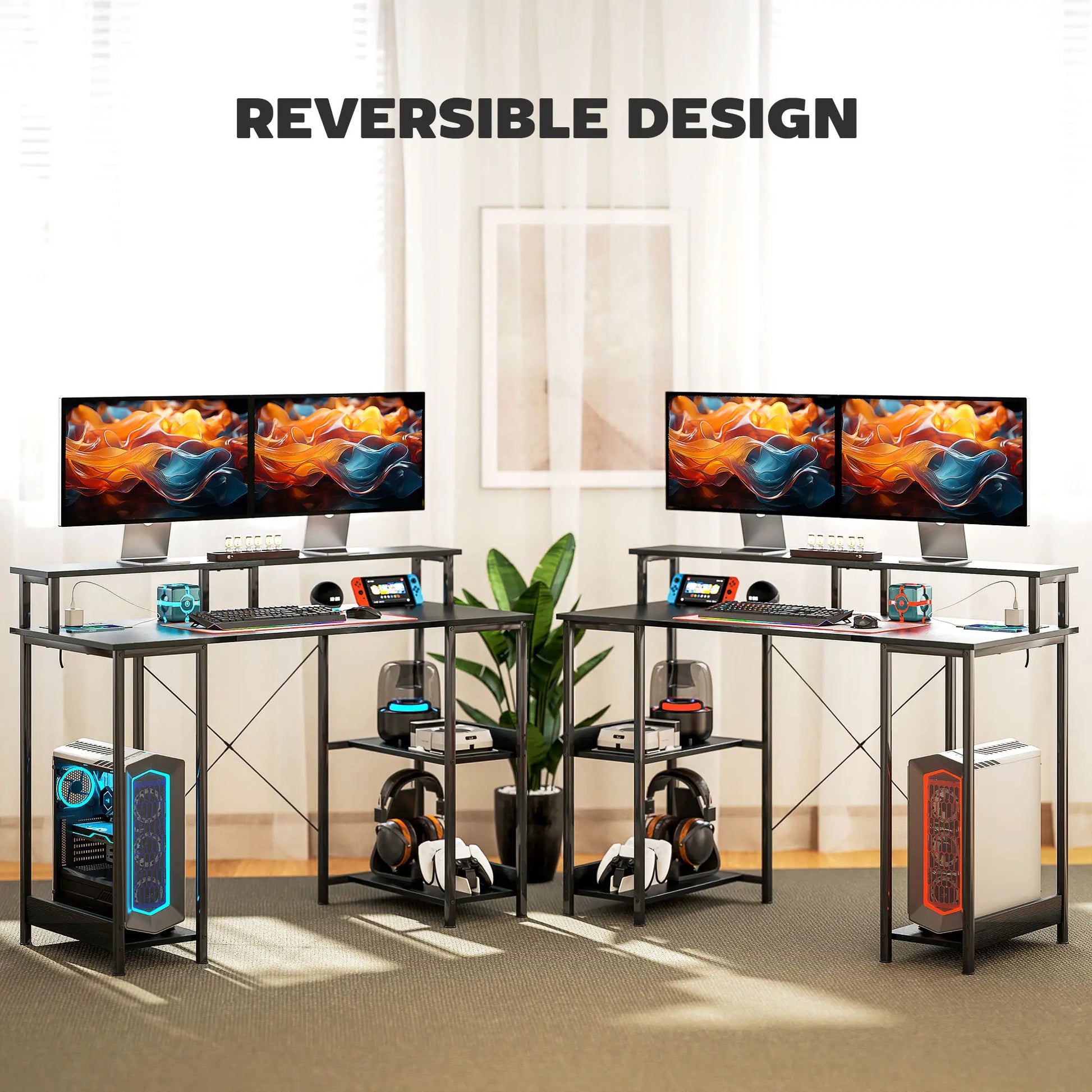 Maplin Plus Reversible RGB LED Computer Desk with Built-In Charging Station - Black