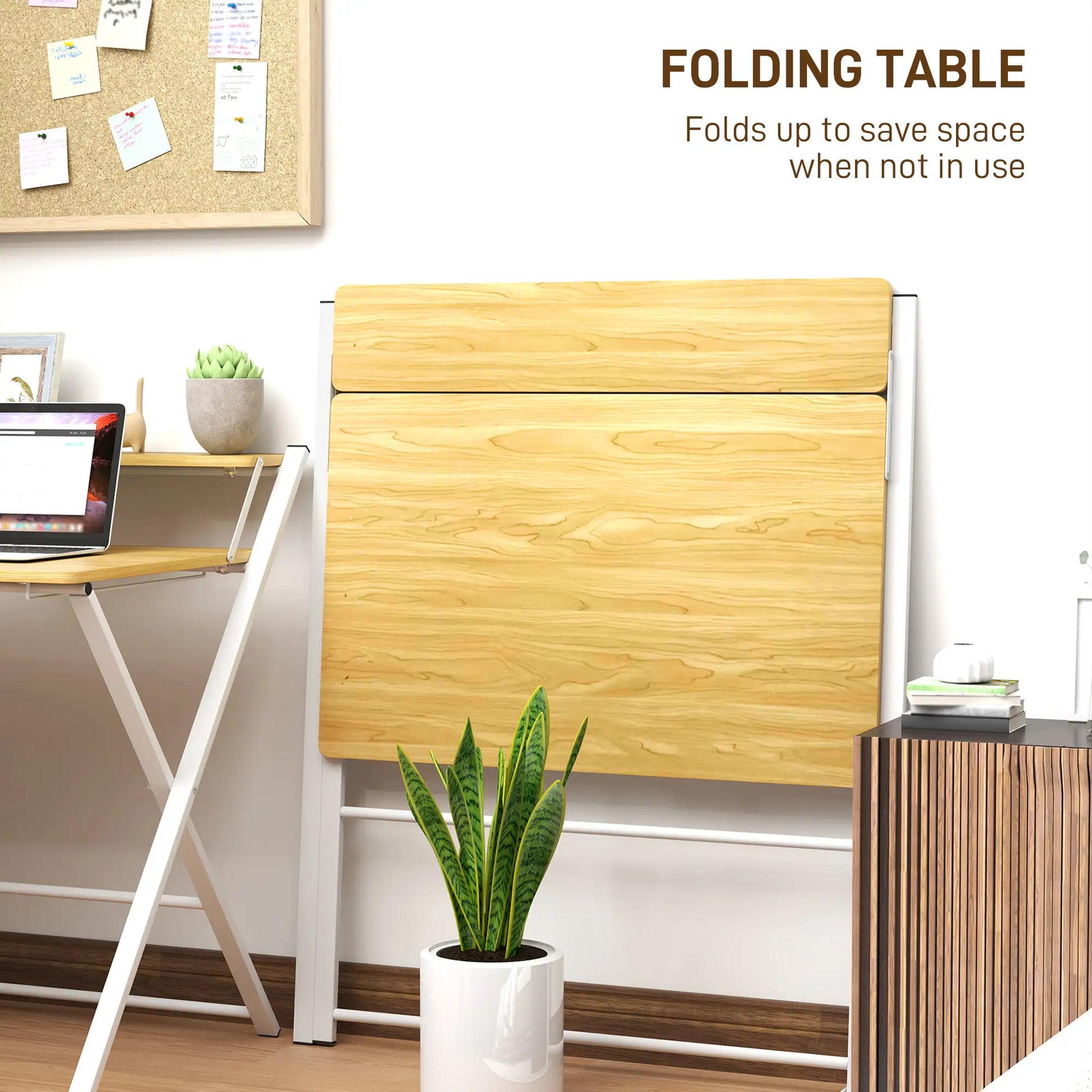 ProperAV Extra Maple Wood-Effect Folding Desk with 2-Tier Shelf - White & Brown