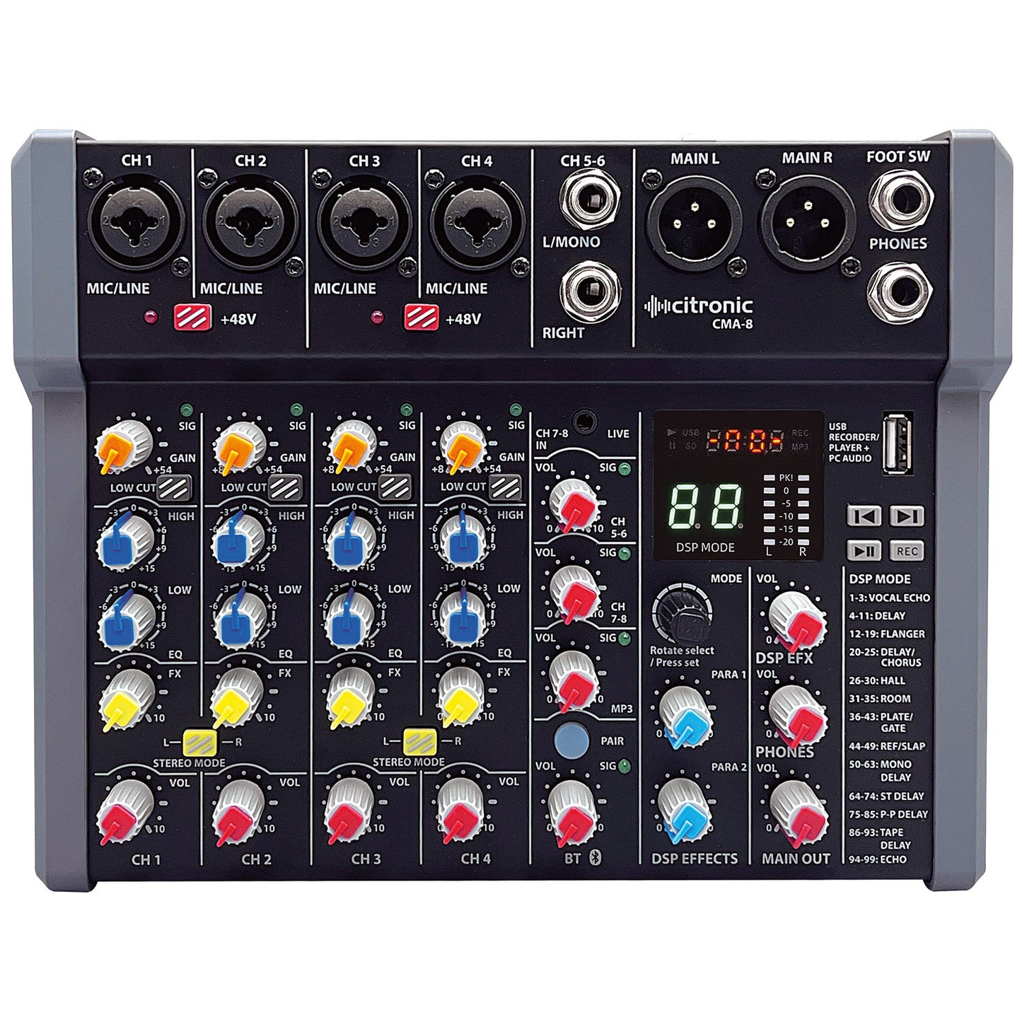 Citronic CMA-series Compact Mixer with DSP, USB Play/Record/PC and Bluetooth 4 Mono + 2 Stereo