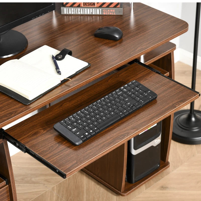 ProperAV Extra Office Desk with Keyboard Tray, Shelves & Drawers - Brown - maplin.co.uk