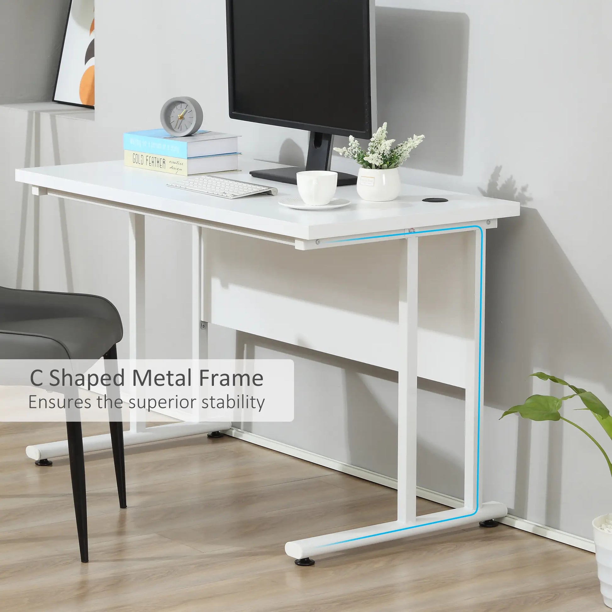 ProperAV Extra Computer Desk with 2 Cable Management Holes - White