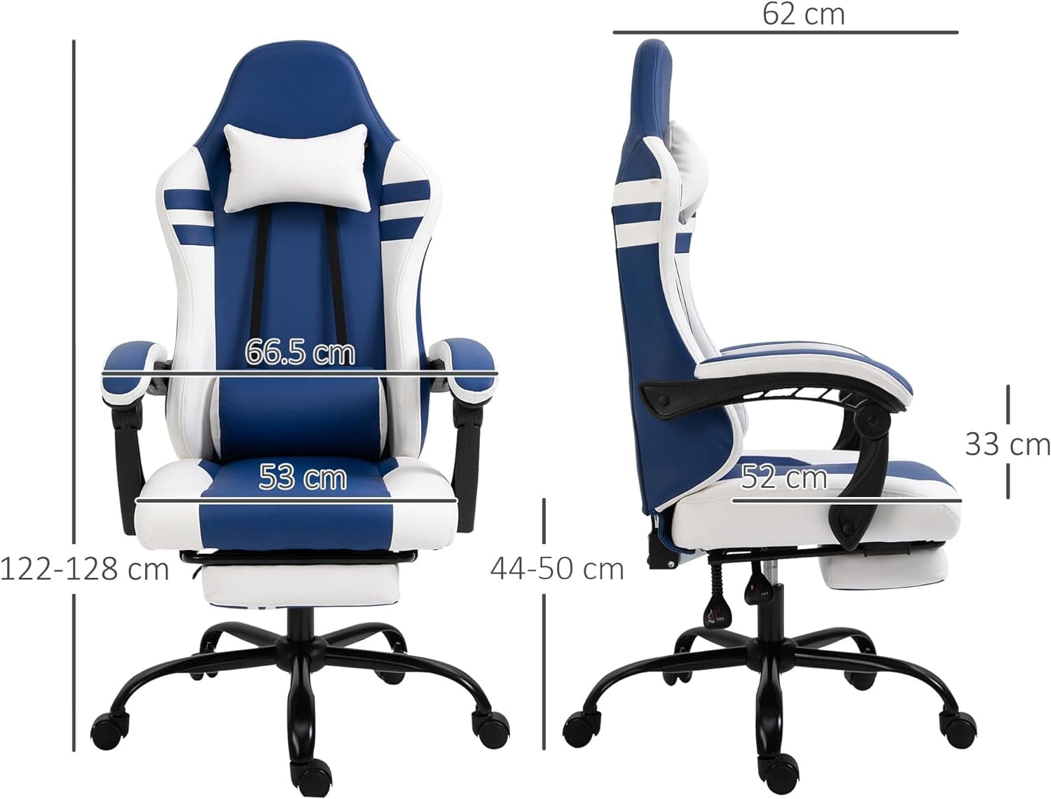 Maplin Plus PU Leather Reclining Adjustable Gaming Chair with Headrest & Footrest - Blue & White