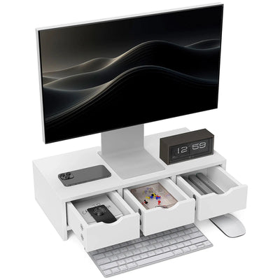 ProperAV Extra Monitor Riser Stand with 3 Drawers - White