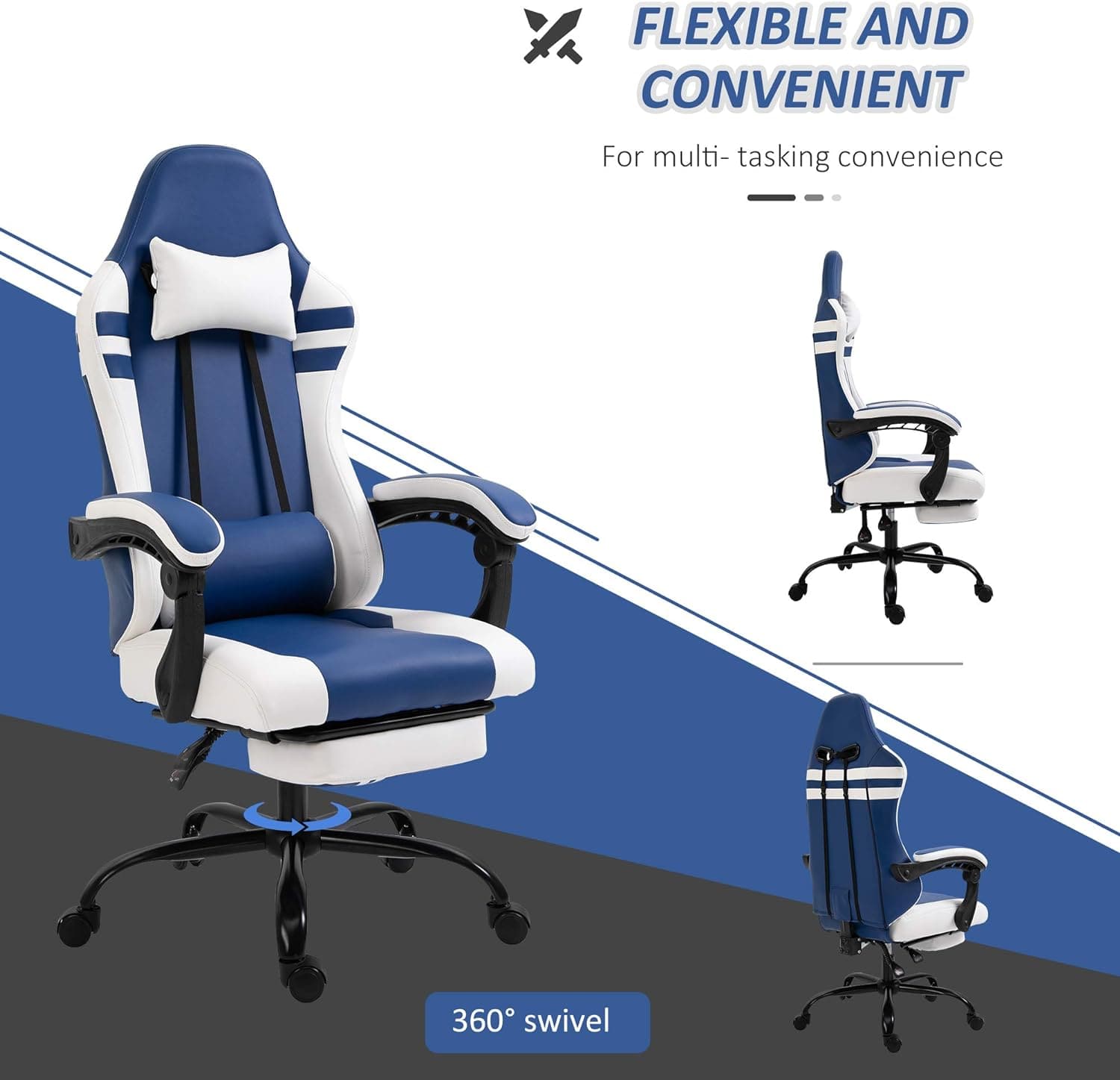 Maplin Plus PU Leather Reclining Adjustable Gaming Chair with Headrest & Footrest - Blue & White