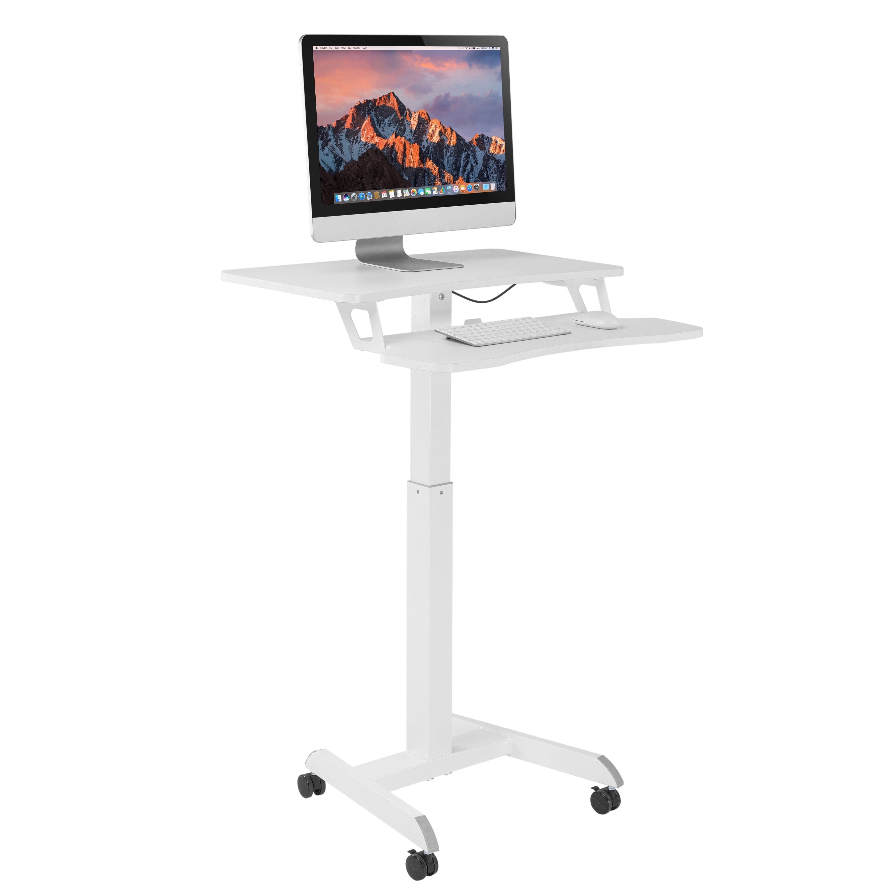 ProperAV Two Tier Mobile Desk Trolley Workstation with Gas Spring Height Adjustment - White