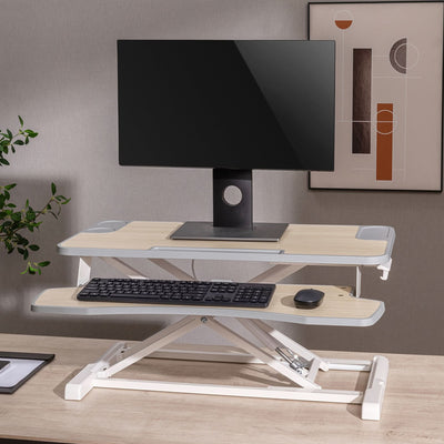 ProperAV Two Tier Stand Up Desk Converter Worktop with Gas Spring Lift & Variable Height Settings - White