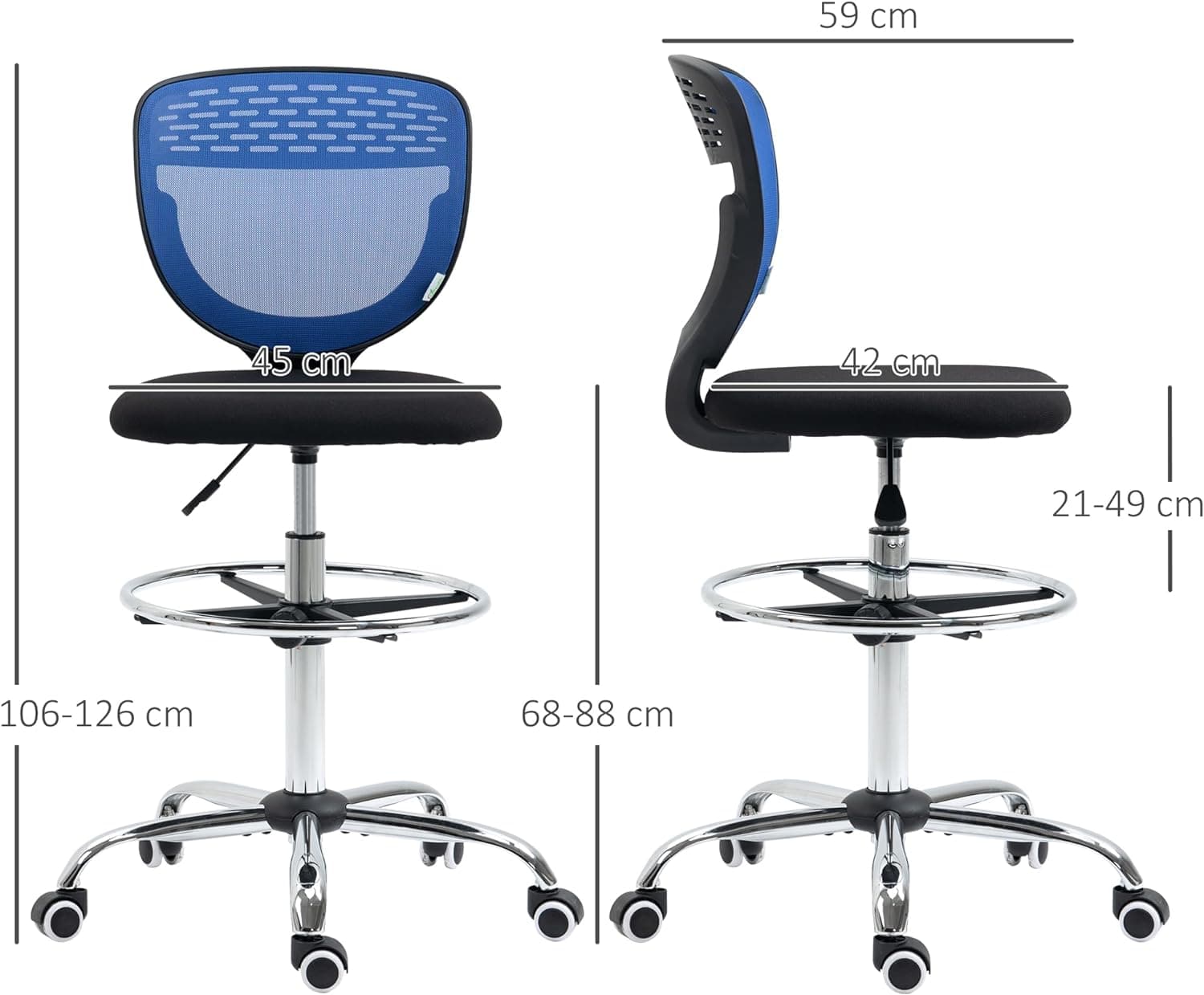 ProperAV Extra Armless Mesh Office Draughtsman Chair with Lumbar Support & Adjustable Foot Ring