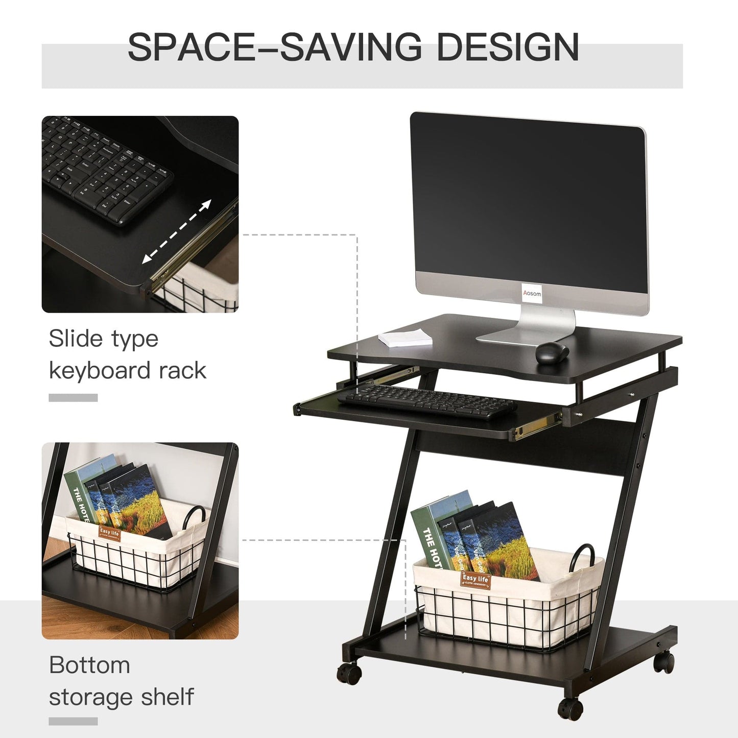 ProperAV Extra Computer Desk with Wheels & Sliding Keyboard Tray