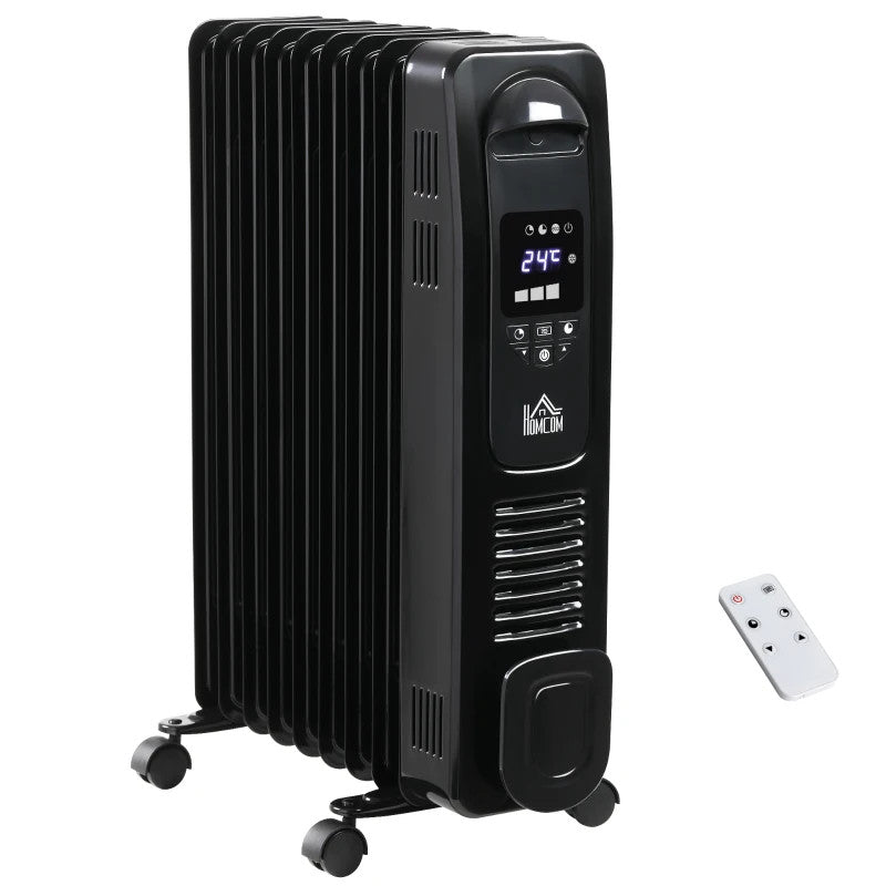 Maplin Plus 2180W Digital 9 Fin Portable Electric Oil Filled Radiator with LED Display, Timer, 3 Heat Settings, Safety Cut-Off & Remote Control Black