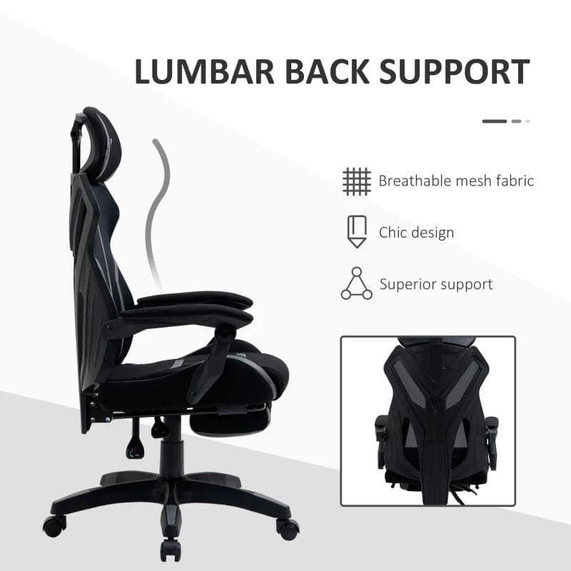 Maplin Plus Mesh Reclining Lumbar Back Support Adjustable Height Office Chair with Footrest & Swivel Wheels - Black & Grey