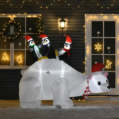 HOMCOM 5ft Outdoor Christmas LED Inflatable Polar Bear with Three Penguins